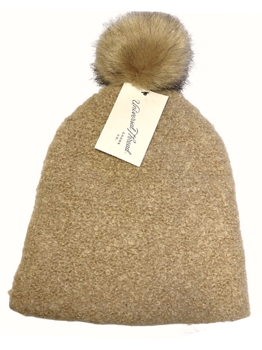 NWT Universal Thread Women's Tan Boucle Knit Faux Fur Pom Pom Beanie Hat OS